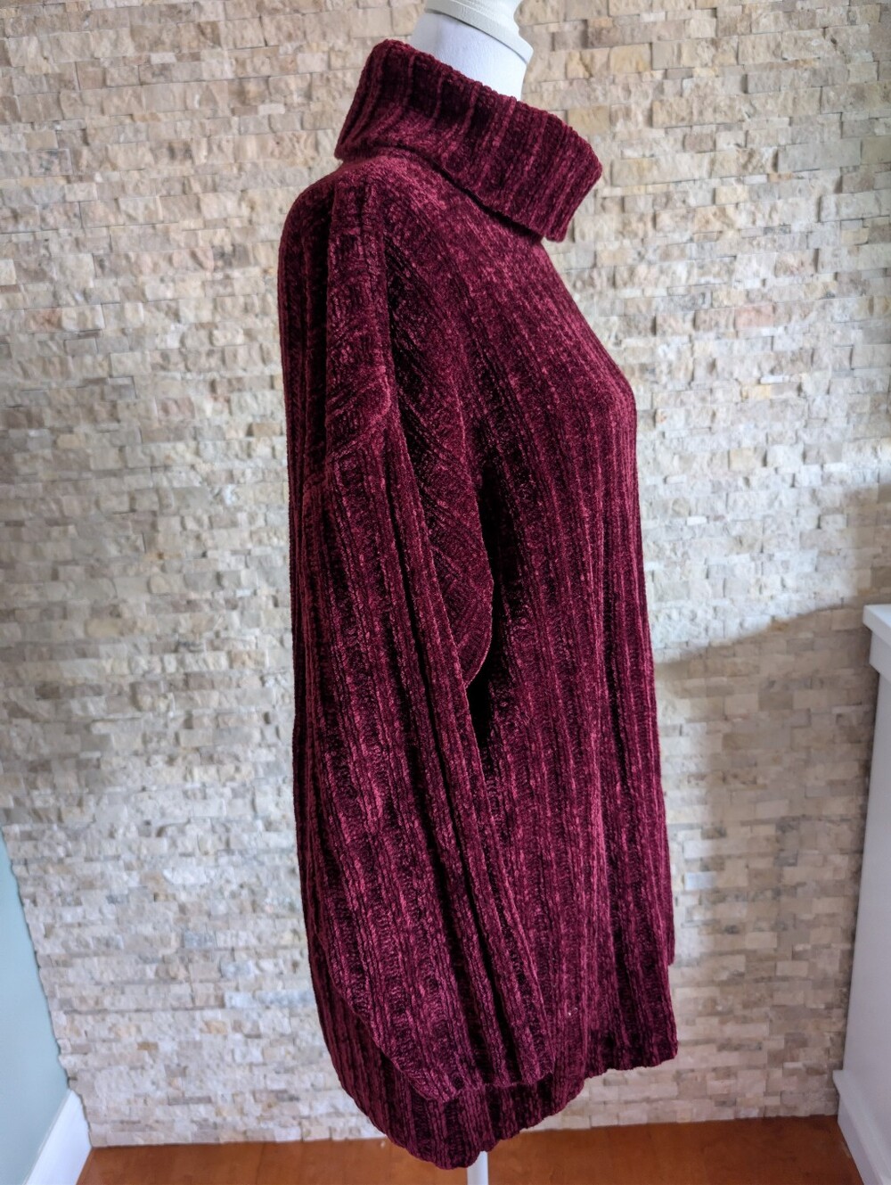 Vintage 80s 90s Forenza Turtleneck Sweater Tunic Chenille Red Burgundy Sz M image 2